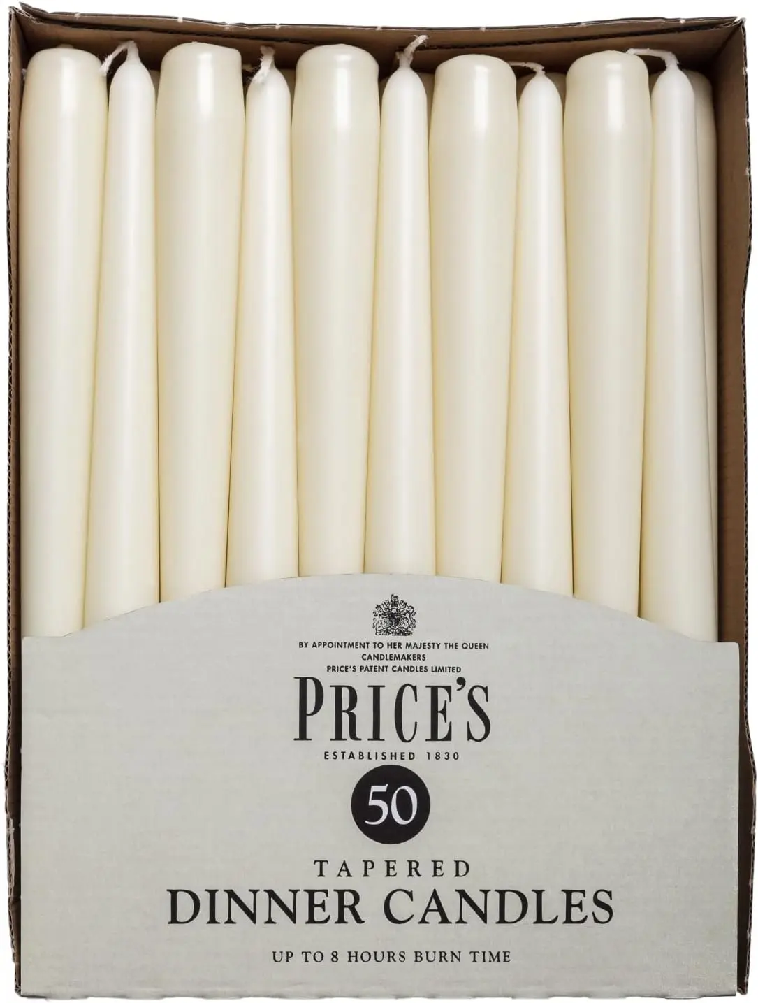 Price's Ivory Tapered Dinner Candles 50 Pack - 250mm