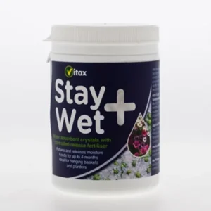 Vitax Stay Wet Plus water absorbent crystals with controlled release fertiliser tub